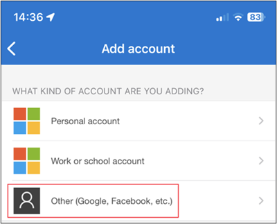 The Microsoft Authenticator add account options. 